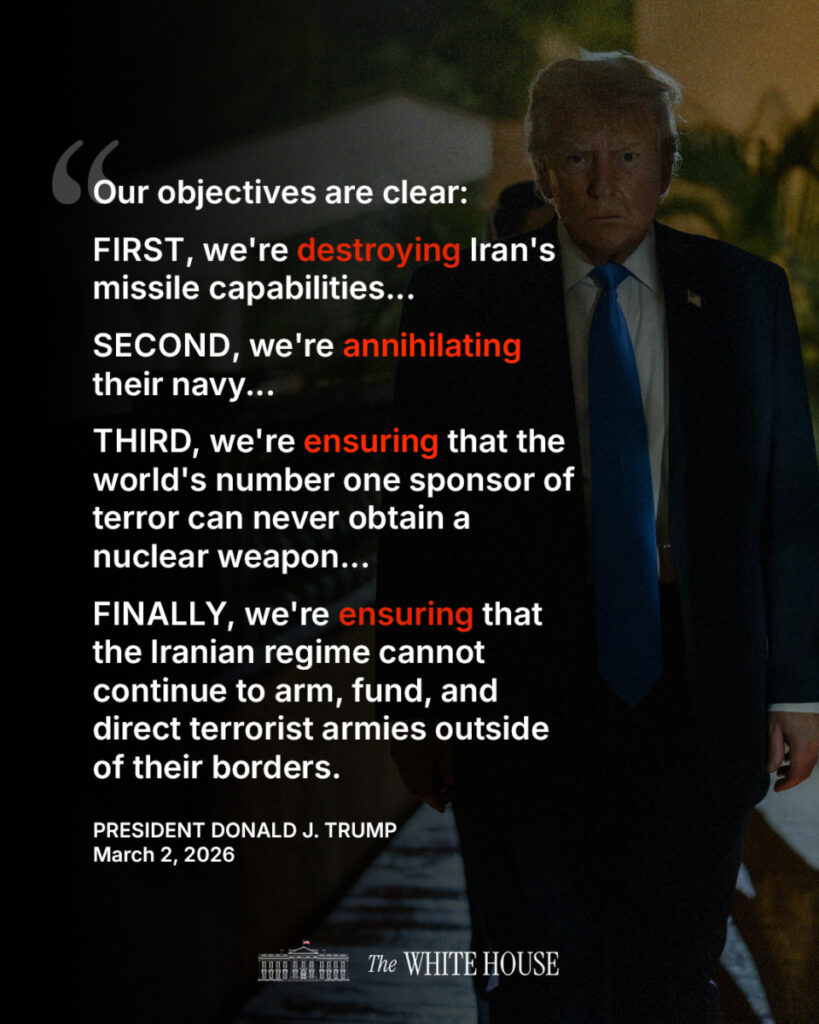 Trump fixe quatre objectifs pour la guerre contre l’Iran 2 20260302 163250 1 Trump fixe quatre objectifs pour la guerre contre l’Iran