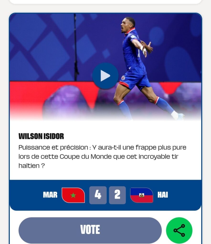 Screenshot 20260628 213005 Samsung Internet 1 Votez pour Isidor maintenant : le chef‑d’œuvre haïtien en lice pour le plus beau but de la phase de groupes