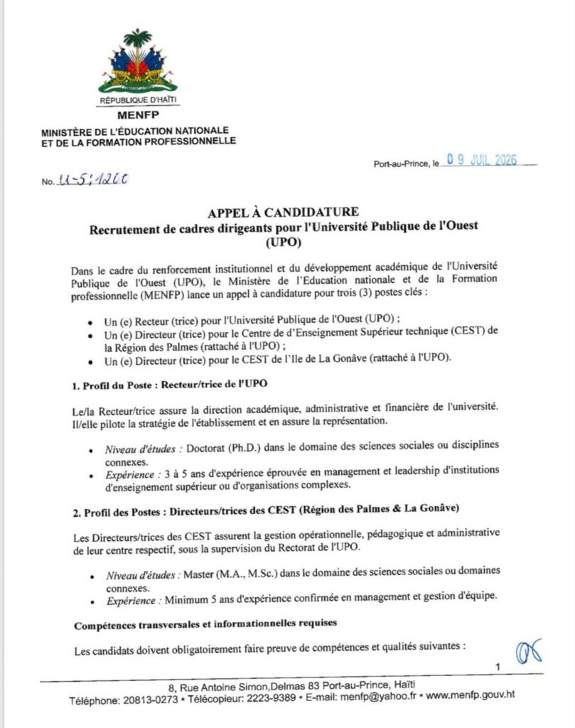 UPO : le MENFP lance un appel à candidature pour trois postes clés 2 FB IMG 1783620049280 UPO : le MENFP lance un appel à candidature pour trois postes clés