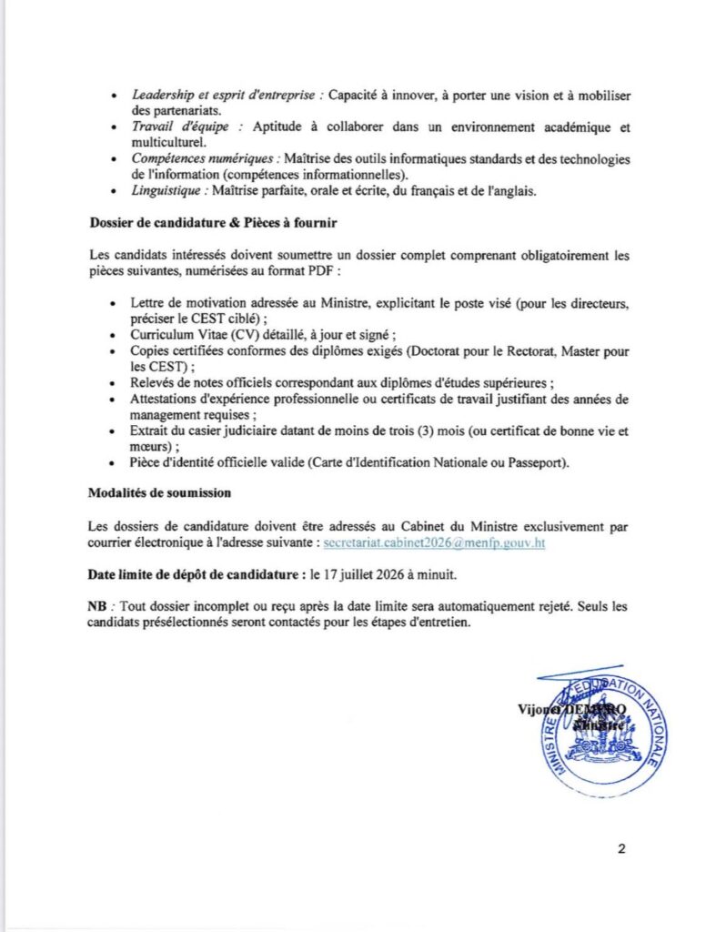 UPO : le MENFP lance un appel à candidature pour trois postes clés 3 FB IMG 1783620057371 UPO : le MENFP lance un appel à candidature pour trois postes clés